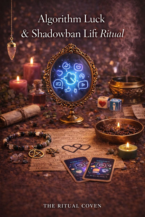 Mystical altar scene for the Algorithm Luck and Shadowban Lift Ritual featuring candles, crystals, ritual tools, tarot cards, and an ornate mirror displaying symbolic digital icons representing online visibility and platform alignment.