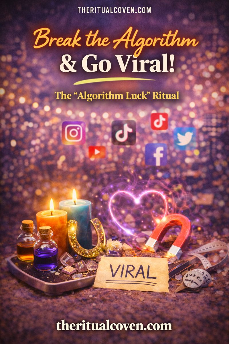 Algorithm Luck and Shadowban Lift Ritual image featuring glowing candles, crystals, ritual bottles, symbolic magnet and horseshoe, heart-shaped energy glow, and blurred social media icons in the background, representing visibility, digital momentum, and online opportunity, with theritualcoven.com displayed.