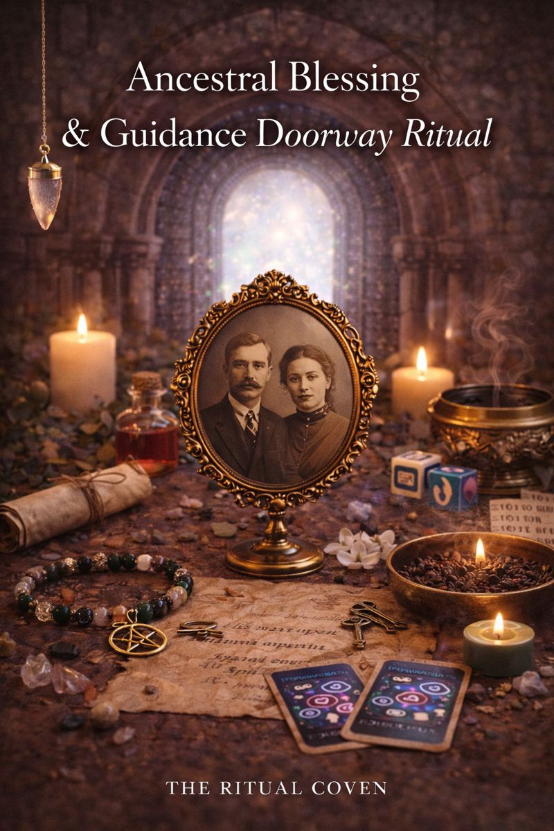 Mystical ancestral altar scene for the Ancestral Blessing and Guidance Doorway Ritual featuring candles, crystals, ritual tools, an antique framed photograph symbolizing lineage, and a glowing doorway representing ancestral guidance and spiritual connection.