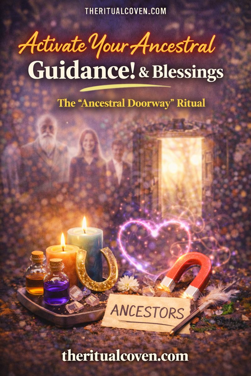 Ancestral Blessing and Guidance Doorway Ritual image featuring glowing candles, crystals, ritual bottles, symbolic magnet and horseshoe, heart-shaped energy glow, ancestral figures near a luminous doorway, and a handwritten note reading “Ancestors,” representing spiritual guidance and ancestral connection, with theritualcoven.com displayed.