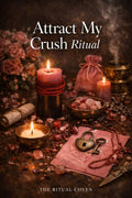 Magical ritual setup with candles, flowers, and mystical objects on a dark background. Attract My Crush Ritual