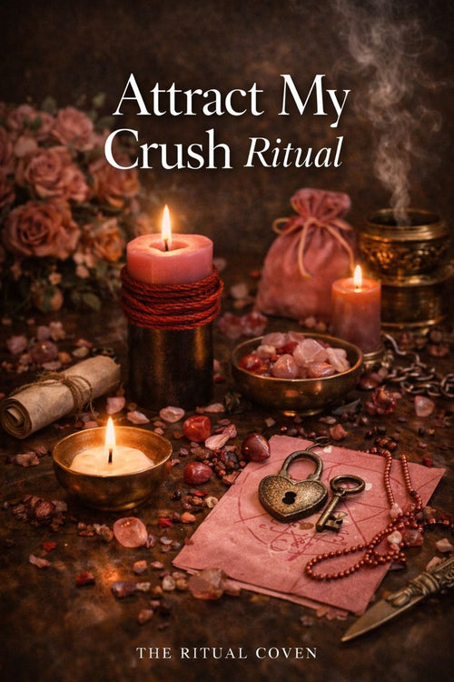 Magical ritual setup with candles, flowers, and mystical objects on a dark background. Attract My Crush Ritual