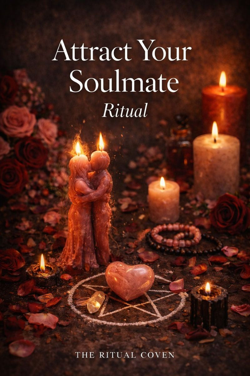 Magical ritual setup with candles, heart-shaped crystal, and 'Attract Your Soulmate Ritual' text.