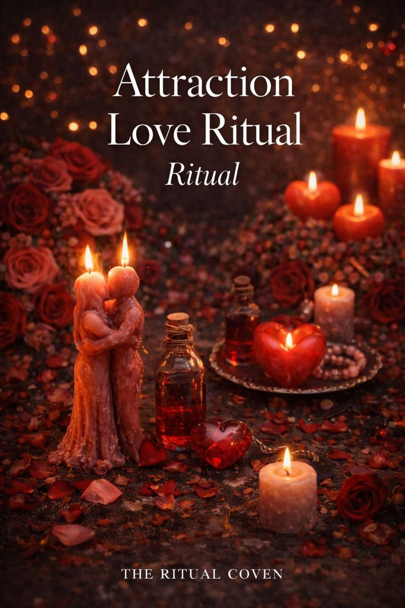 Love ritual setup with candles, bottles, and heart-shaped objects on a dark background. Attraction Love Ritual