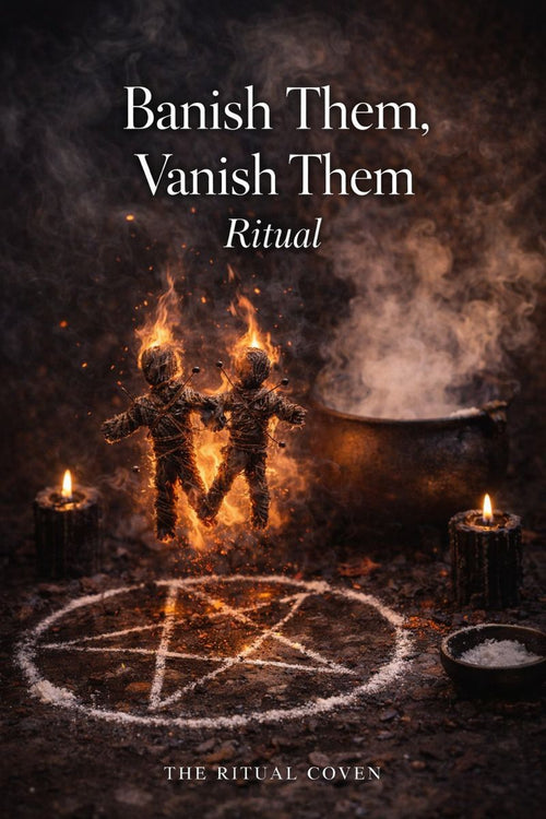 Magical ritual scene with candles, pentagram, and text 'Banish Them, Vanish Them' from 'The Ritual Coven'.