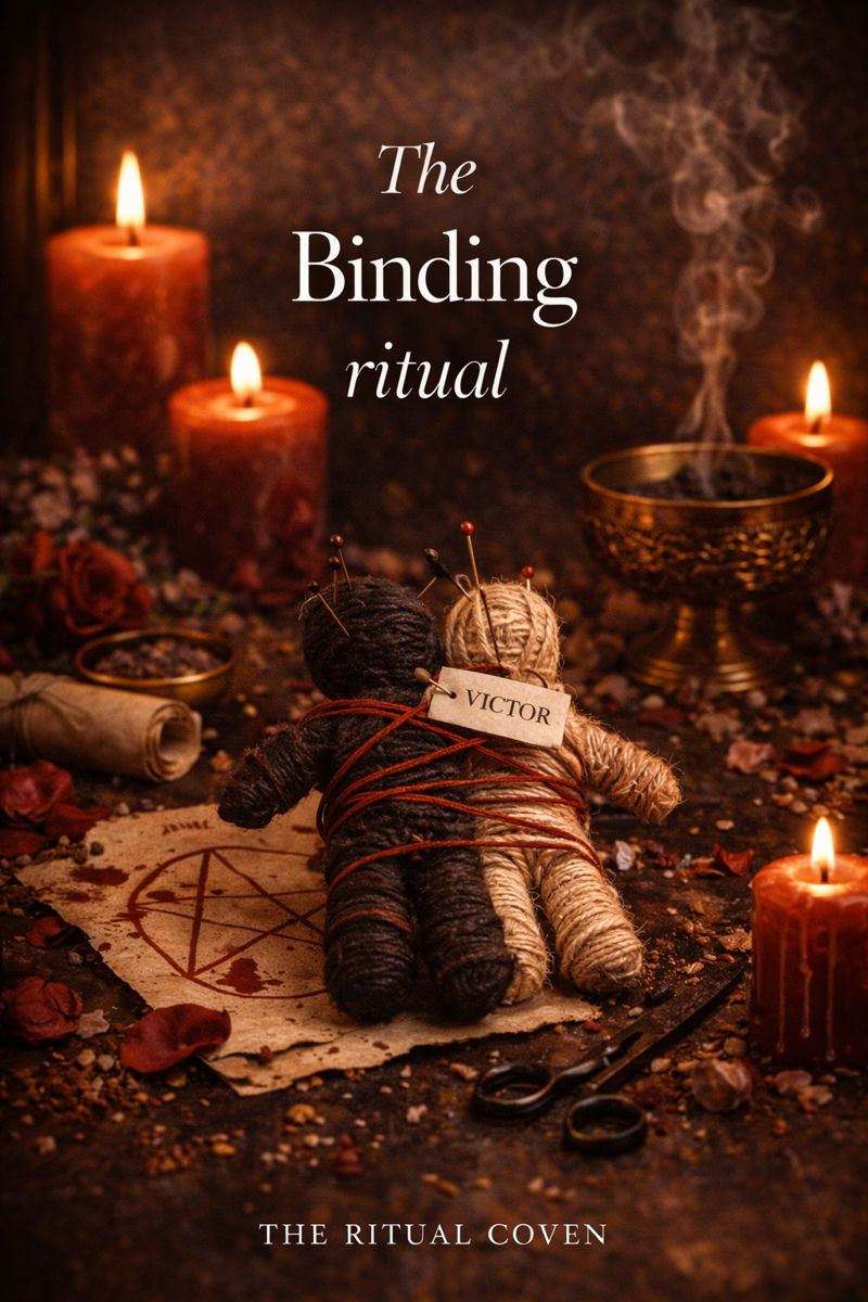 Voodoo doll labeled 'Victor' with candles and mystical items on a dark background, featuring the text 'The Binding ritual' and 'The Ritual Coven'.