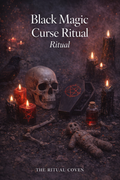 Dark and eerie setting with skull, candles, and pentagram symbol on a coffin lid. Black Magic Curse Ritual