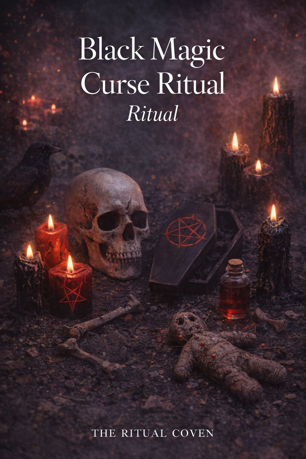 Dark and eerie setting with skull, candles, and pentagram symbol on a coffin lid. Black Magic Curse Ritual