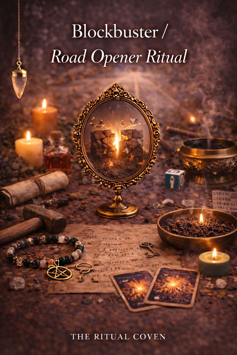 Mystical altar scene for the Blockbuster and Road Opener Ritual featuring candles, crystals, ritual tools, ceremonial symbols, and an open pathway motif representing cleared obstacles, forward movement, and new opportunities.