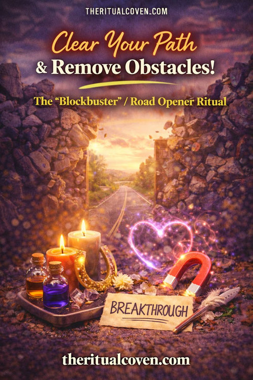 Blockbuster Road Opener Ritual image featuring an open road through broken stone walls, glowing candles, crystals, ritual bottles, symbolic magnet and horseshoe, heart-shaped energy glow, and a handwritten note reading “Breakthrough,” representing obstacle removal and new opportunities, with theritualcoven.com displayed.