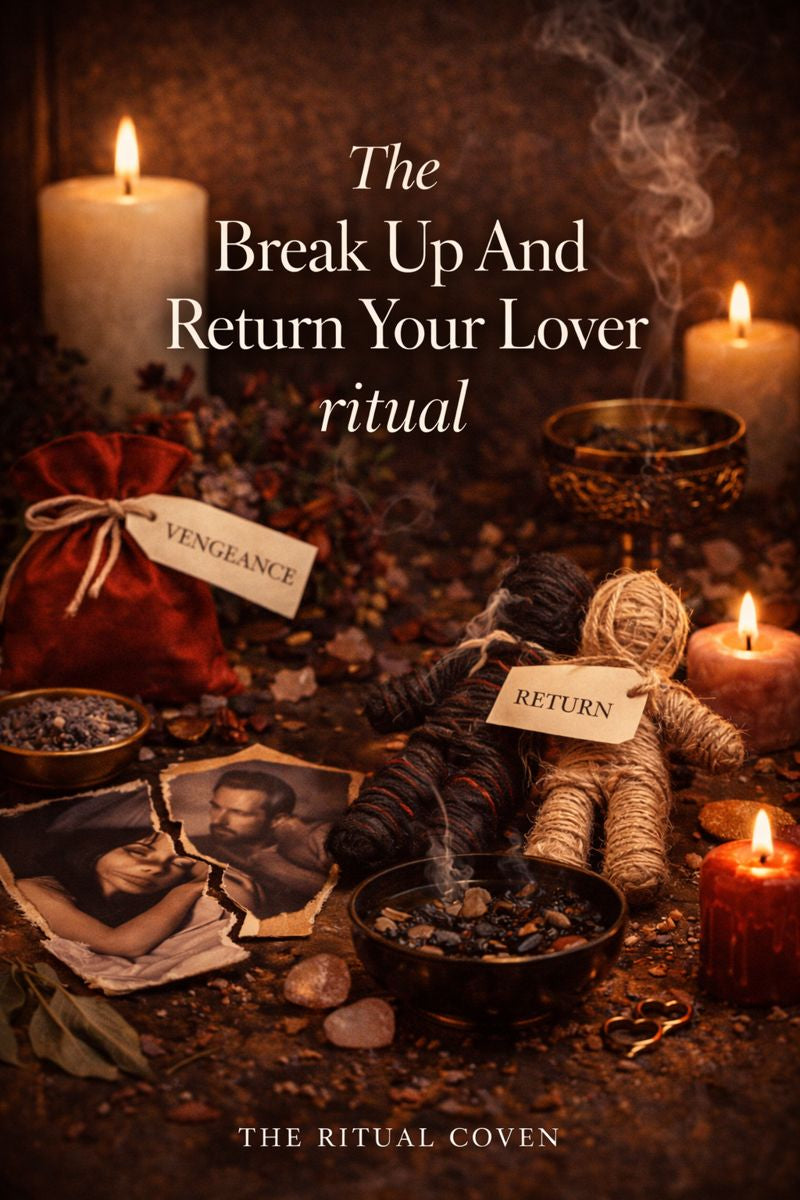 Magical setup with candles, a voodoo doll, and text on a dark background. Break Up And Return Your Lover Ritual