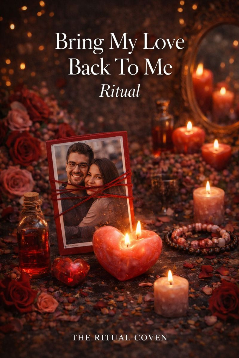 Ritual setup with heart-shaped candle, photo of a couple, and candles on a dark background. Bring My Love Back To Me Ritual