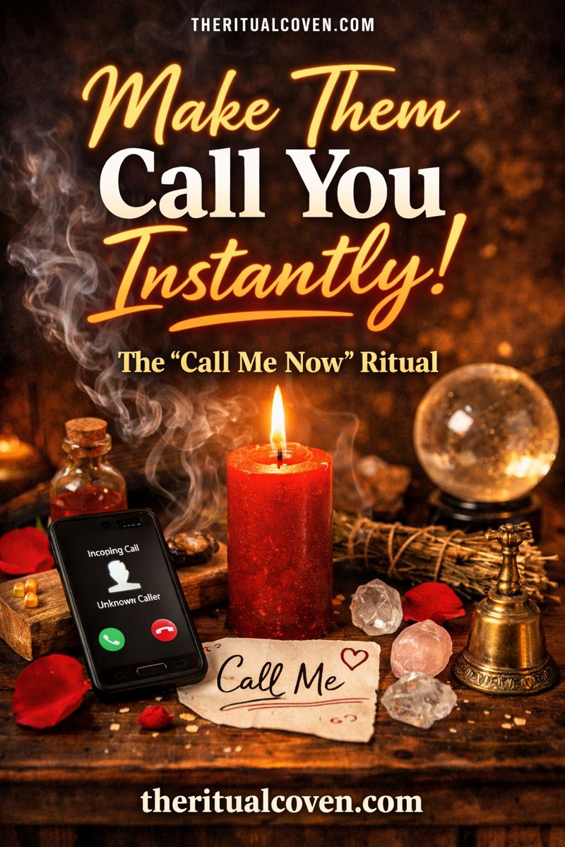 Call Me Now Ritual image featuring a lit red candle, incoming phone call, crystals, ritual tools, and handwritten note, symbolizing attraction and communication energy. Bold text reads “Make Them Call You Instantly” with theritualcoven.com displayed.
