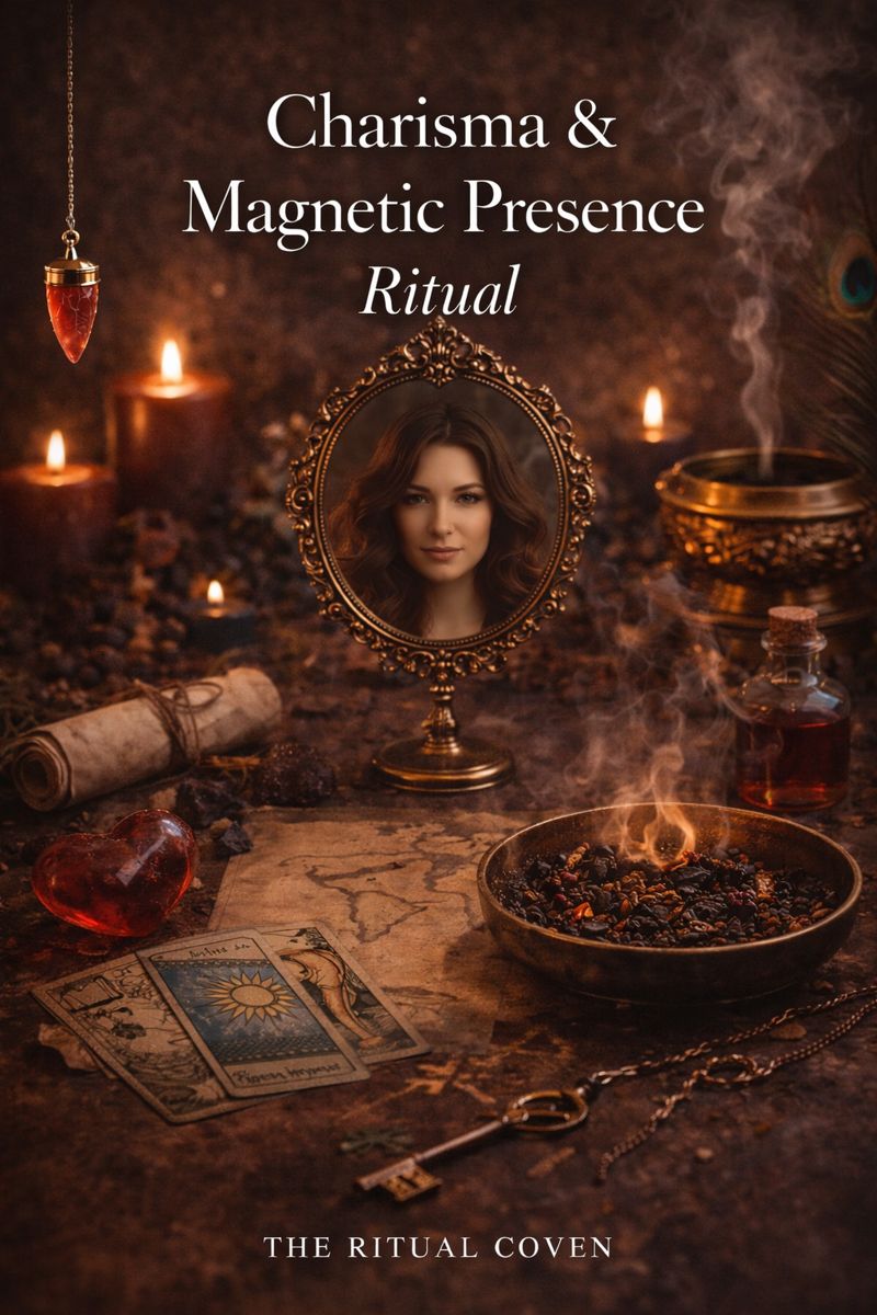 Mystical altar scene for the Charisma and Magnetic Presence Ritual featuring candles, incense smoke, crystals, tarot cards, a ceremonial bowl, and an ornate mirror symbolizing confidence, attraction, and personal energy.