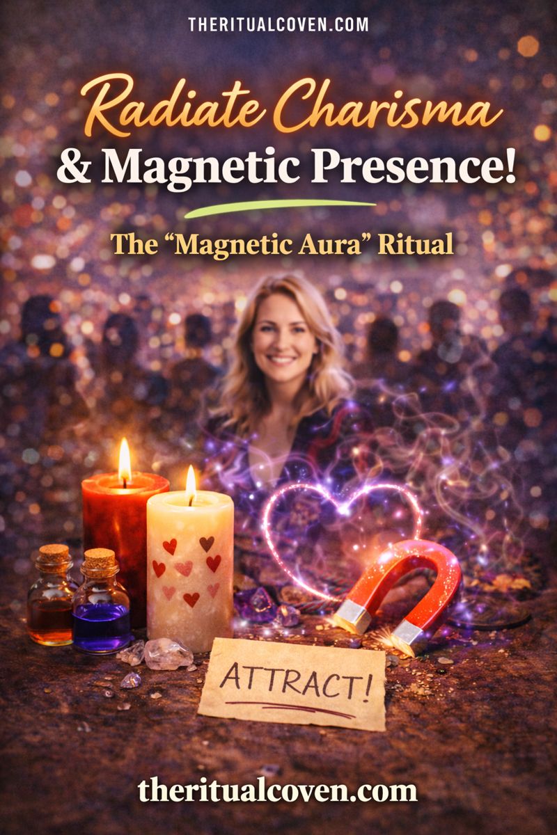 Charisma and Magnetic Presence Ritual image featuring glowing candles, crystals, ritual bottles, a symbolic magnet, heart-shaped energy glow, and a confident figure in the background, representing personal magnetism, confidence, and attraction energy, with theritualcoven.com displayed.