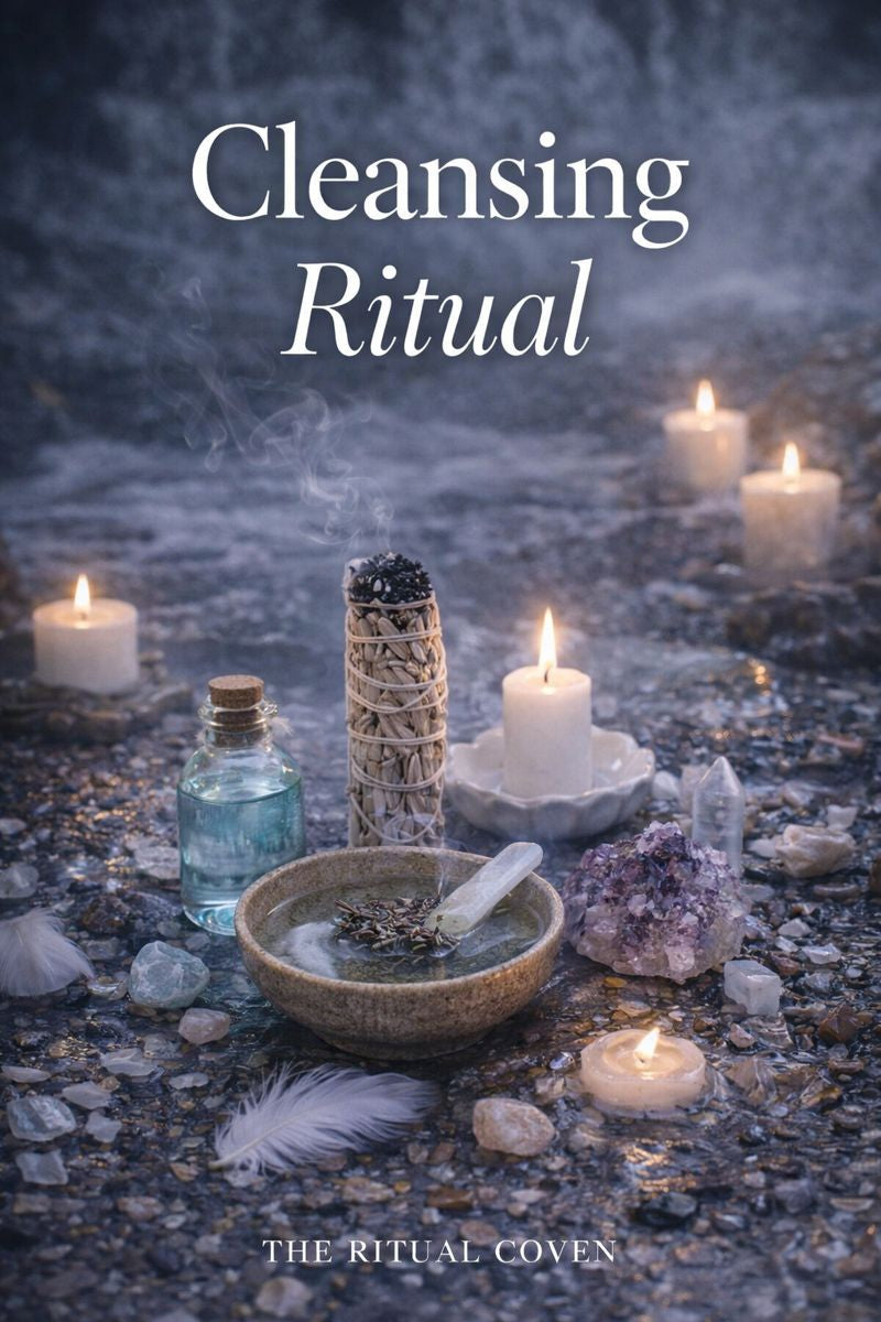 Cleansing ritual setup with candles, crystals, and incense on a dark surface.