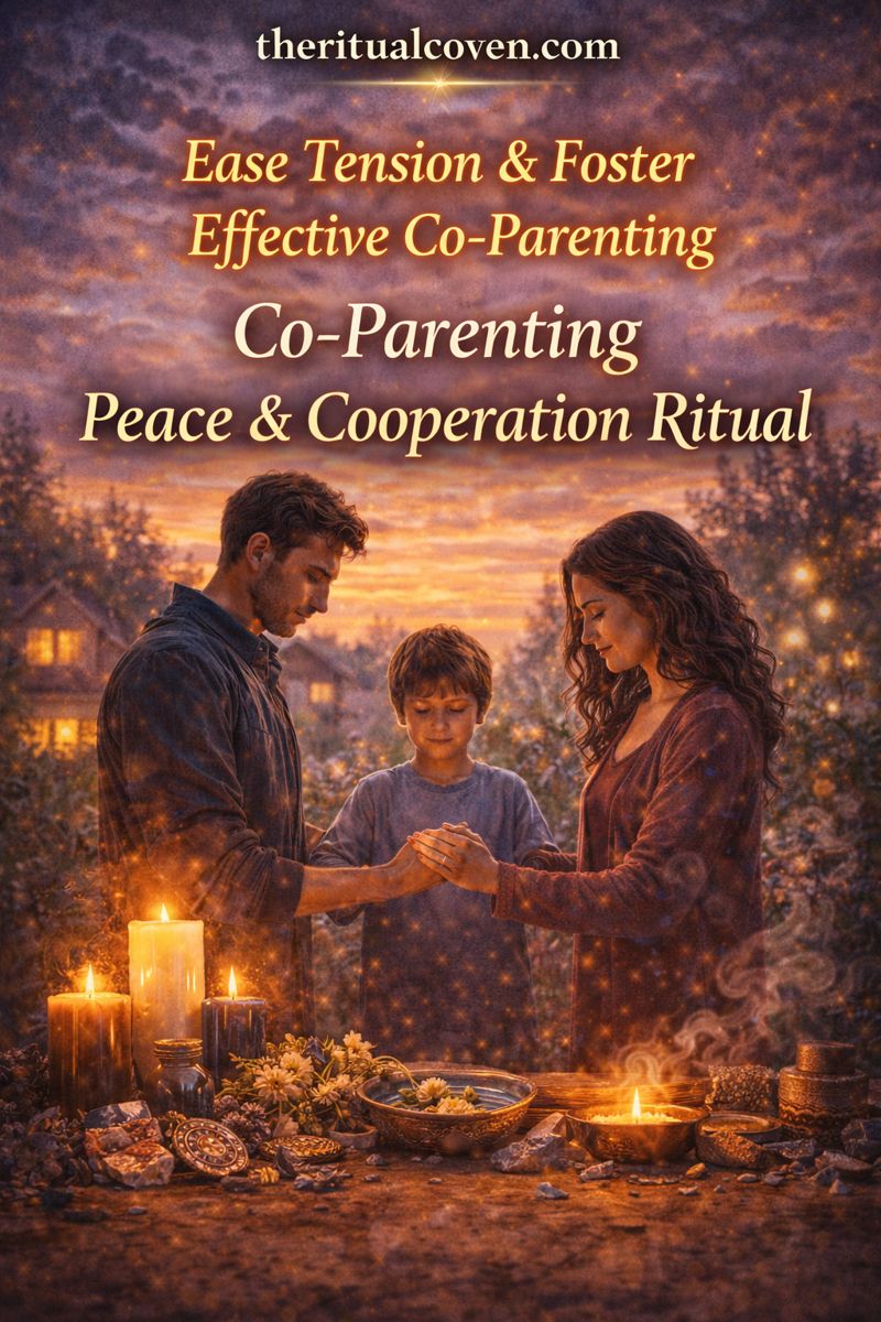 two co-parents and a child holding hands together in a peaceful ritual setting at sunset, surrounded by candles, flowers, and crystals. Text reads “Ease Tension & Foster Effective Co-Parenting” and “Co-Parenting Peace & Cooperation Ritual.” Warm golden tones with a calm suburban background and theritualcoven.com displayed.