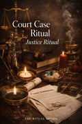 Magical setup with justice symbols, candles, and 'Court Case Ritual' text on a dark background.