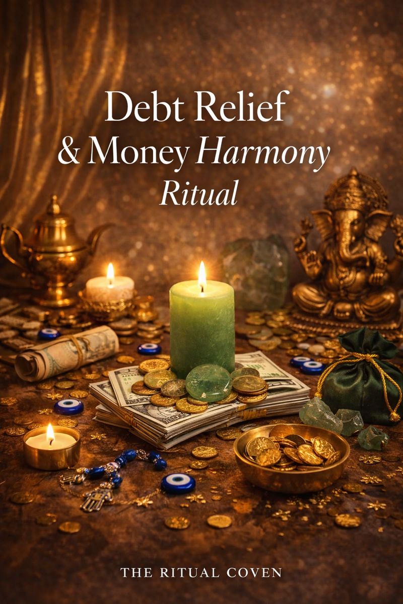 Debt Relief & Money Harmony Ritual altar with green candle, coins, cash, crystals, and prosperity symbols, spiritual ritual for clearing financial blocks, restoring money flow, and creating financial balance by The Ritual Coven