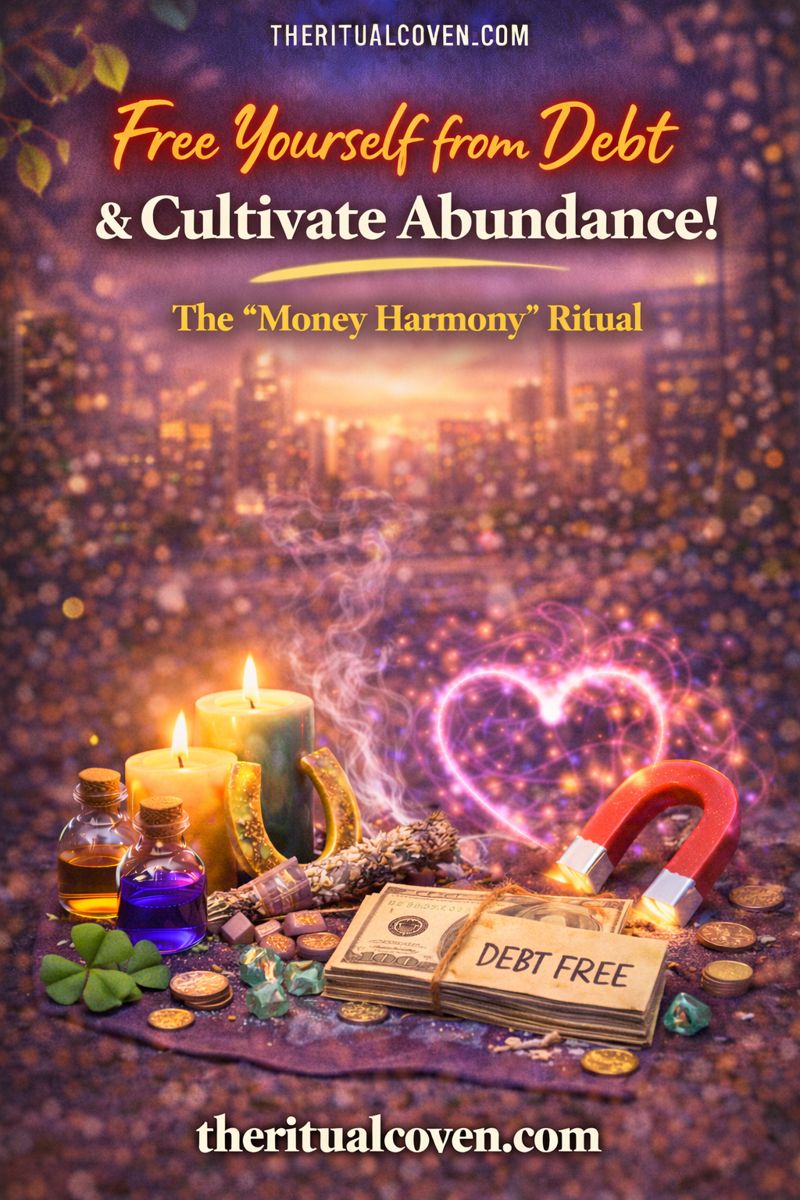 Debt Relief and Money Harmony Ritual image featuring glowing candles, ritual bottles, coins, folded banknotes labeled “Debt Free,” a symbolic magnet and horseshoe, heart-shaped energy glow, and a golden city background, representing financial balance, abundance energy, and money harmony, with theritualcoven.com displayed.