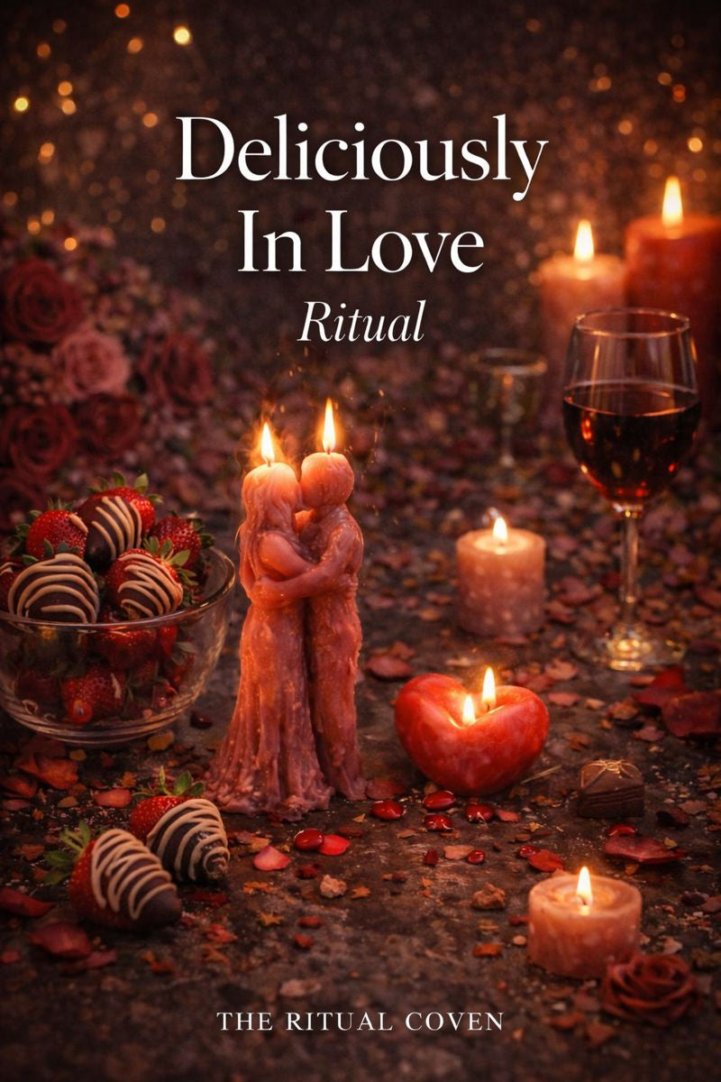 Decorative image with candles, wine, and chocolates with 'Deliciously In Love' text.