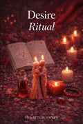 Desire Ritual setup with candles, book, and figurines on a dark surface.