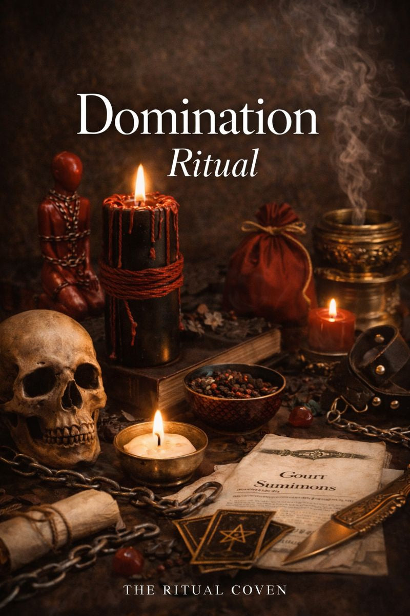Dark-themed book cover with candles, skull, and mystical items, featuring the title 'Domination Ritual' by The Ritual Coven.