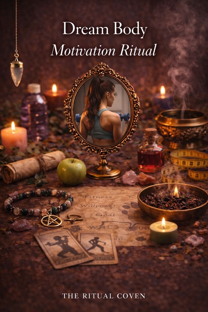 Mystical altar scene for the Dream Body Motivation Ritual featuring candles, crystals, ritual tools, an ornate mirror reflecting a fitness-focused figure, and symbolic items representing motivation, discipline, and personal transformation.