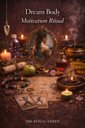 Mystical altar scene for the Dream Body Motivation Ritual featuring candles, crystals, ritual tools, an ornate mirror reflecting a fitness-focused figure, and symbolic items representing motivation, discipline, and personal transformation.