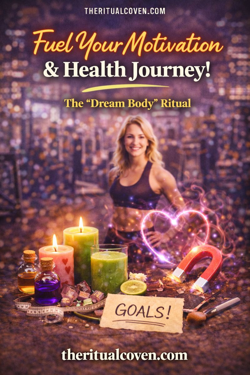 Dream Body Motivation Ritual image featuring a confident woman in fitness wear, glowing candles, crystals, ritual bottles, a symbolic magnet, healthy food elements, and a handwritten note reading “Goals,” representing motivation, self-discipline, and wellness focus, with theritualcoven.com displayed.