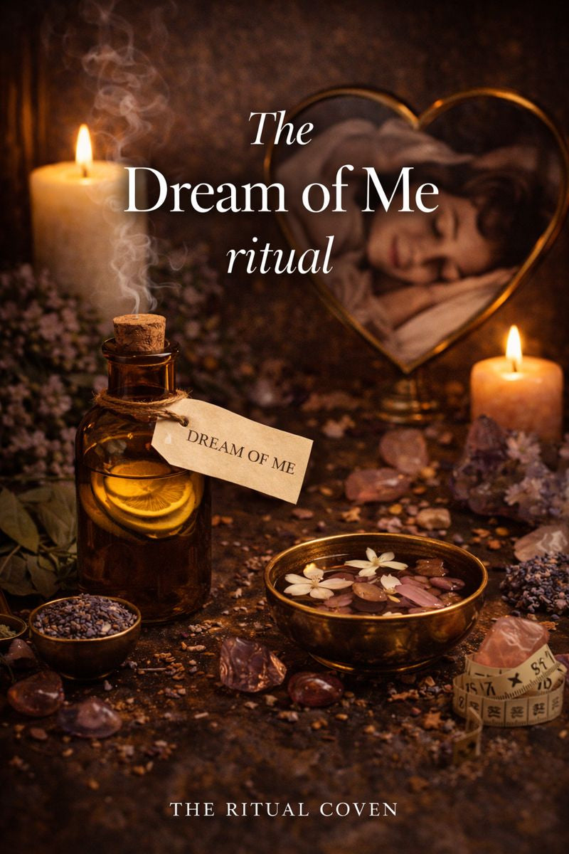 Decorative setup with candles, bottle labeled 'Dream of Me', and heart-shaped mirror on a dark background.