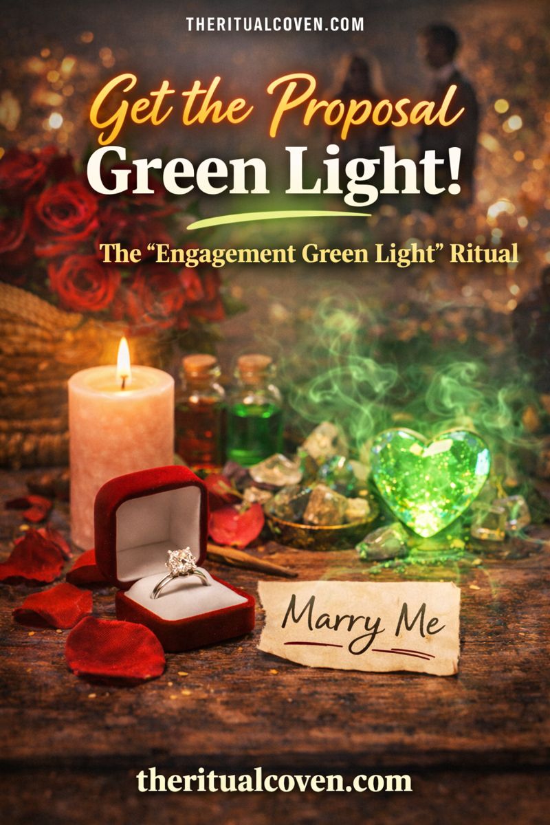 Engagement Green Light Ritual image featuring a diamond ring in a red box, lit candle, rose petals, green heart crystal, ritual tools, and handwritten “Marry Me” note, symbolizing proposal readiness, commitment energy, and romantic alignment, with theritualcoven.com displayed.