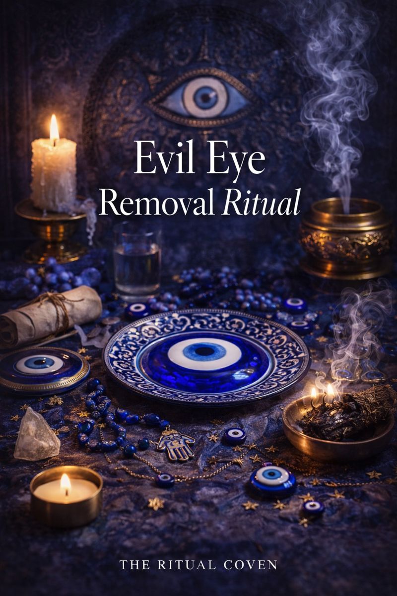Evil Eye Removal Ritual altar with protective symbols, candles, incense smoke, crystals, and spiritual cleansing tools, ritual for removing negative energy, envy, and spiritual attacks by The Ritual Coven