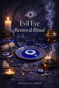 Evil Eye Removal Ritual altar with protective symbols, candles, incense smoke, crystals, and spiritual cleansing tools, ritual for removing negative energy, envy, and spiritual attacks by The Ritual Coven