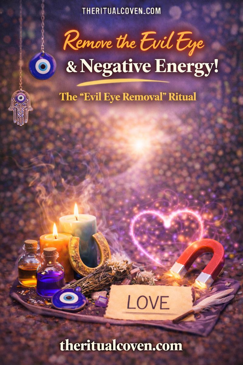 Evil Eye Removal Ritual image featuring protective symbols, glowing candles, crystals, ritual bottles, a symbolic magnet and horseshoe, cleansing smoke, and a serene background, representing negative energy clearing, spiritual protection, and energetic balance, with theritualcoven.com displayed.