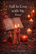 Decorative setup with candles, heart, and book titled 'Fall In Love with Me Ritual' by The Ritual Coven.