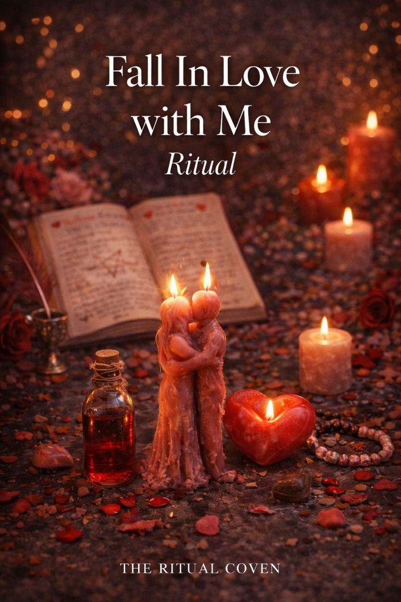 Decorative setup with candles, heart, and book titled 'Fall In Love with Me Ritual' by The Ritual Coven.