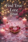 Decorative setup with candles, heart-shaped bowl, and crystals on a romantic background. Find True Love Ritual
