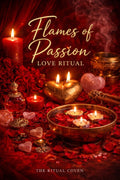 Decorative setup with candles, heart-shaped objects, and rose petals on a red background with 'Flames of Passion Love Ritual' text.
