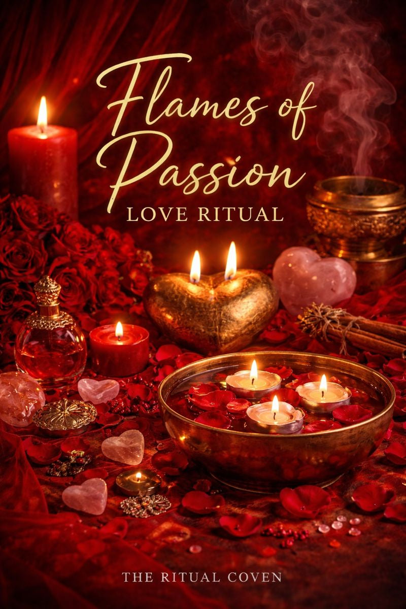 Decorative setup with candles, heart-shaped objects, and rose petals on a red background with 'Flames of Passion Love Ritual' text.