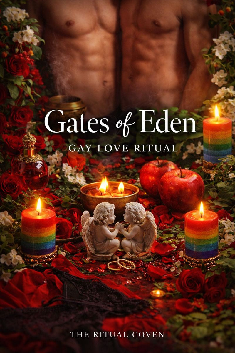 Cover of 'Gates of Eden: Gay Love Ritual' by The Ritual Coven featuring candles, apples, and angel figurines.