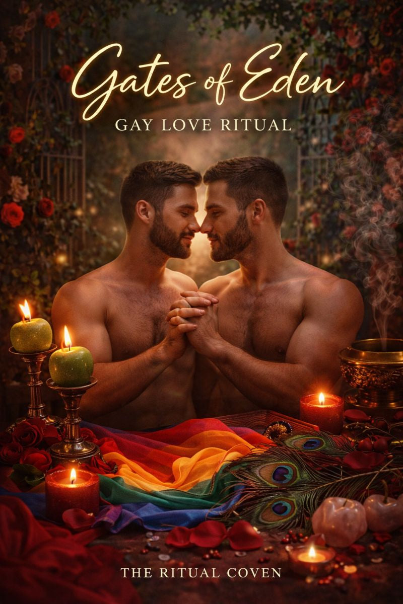 Book cover of 'Gates of Eden: Gay Love Ritual' by The Ritual Coven featuring two men in a romantic pose with candles and flowers.