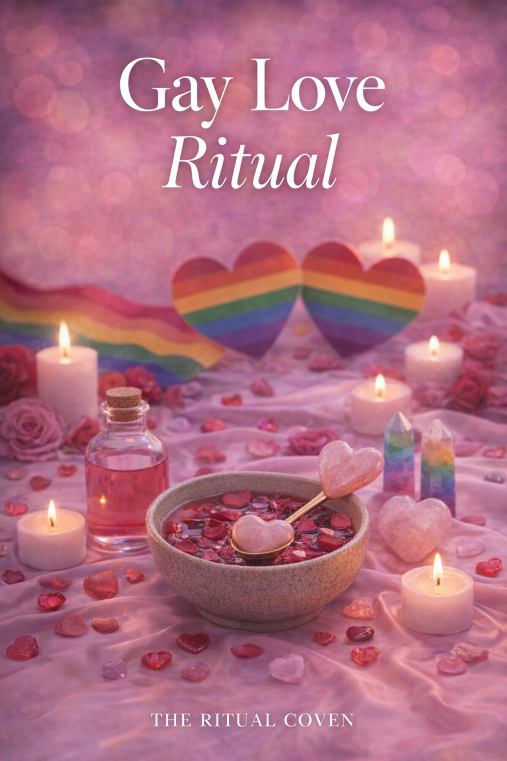 Magical ritual setup with candles, hearts, and a bowl on a pink background, featuring 'Gay Love Ritual' text.