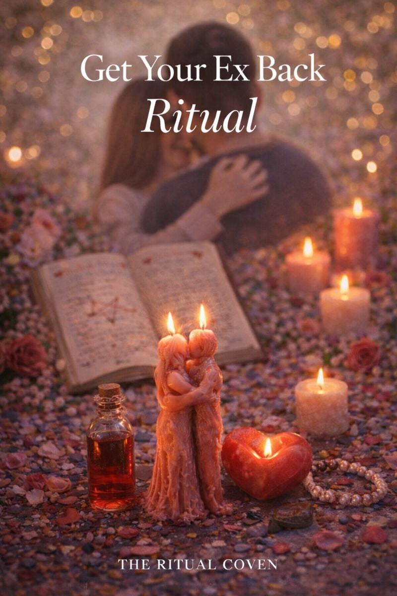 Magical ritual setup with candles, book, and figurines on a mystical background. Get Your Ex Back Ritual