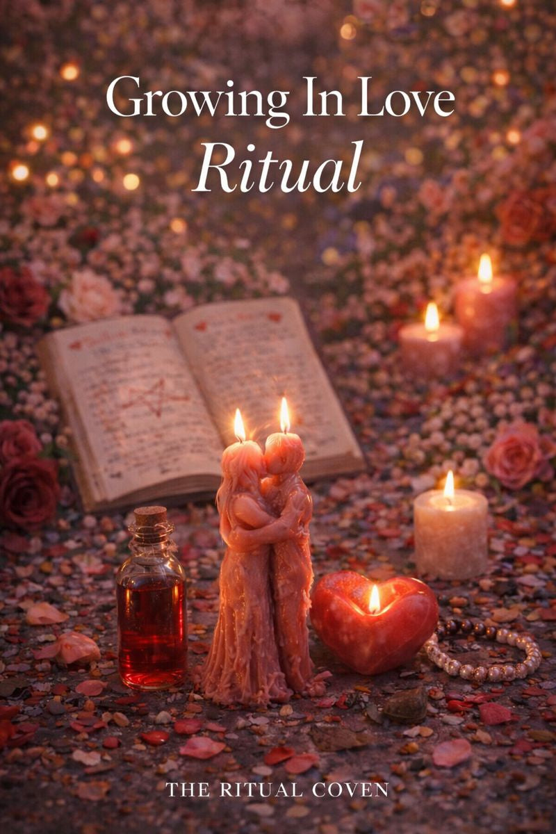 Decorative setup with candles, a book, and figurines on a textured surface. Growing In Love Ritual