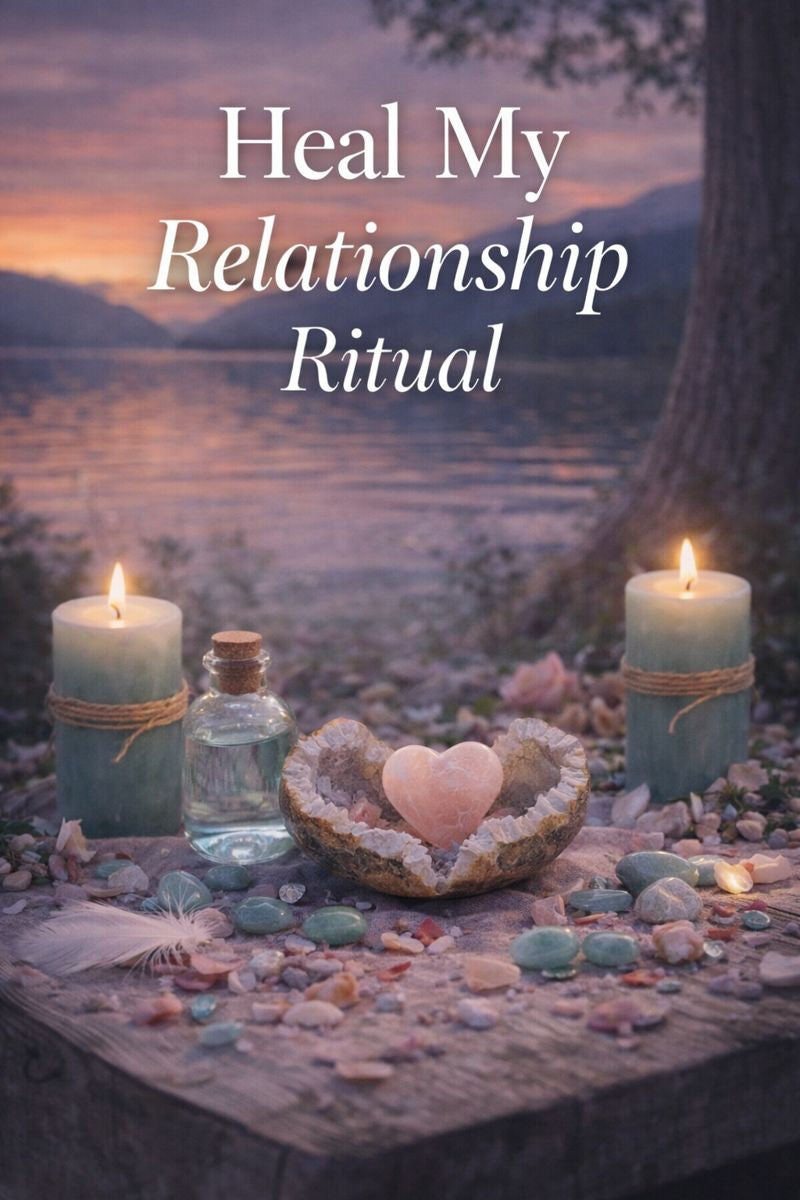 Candles, heart-shaped object, and bottle on stones by a lake with 'Heal My Relationship Ritual' text.