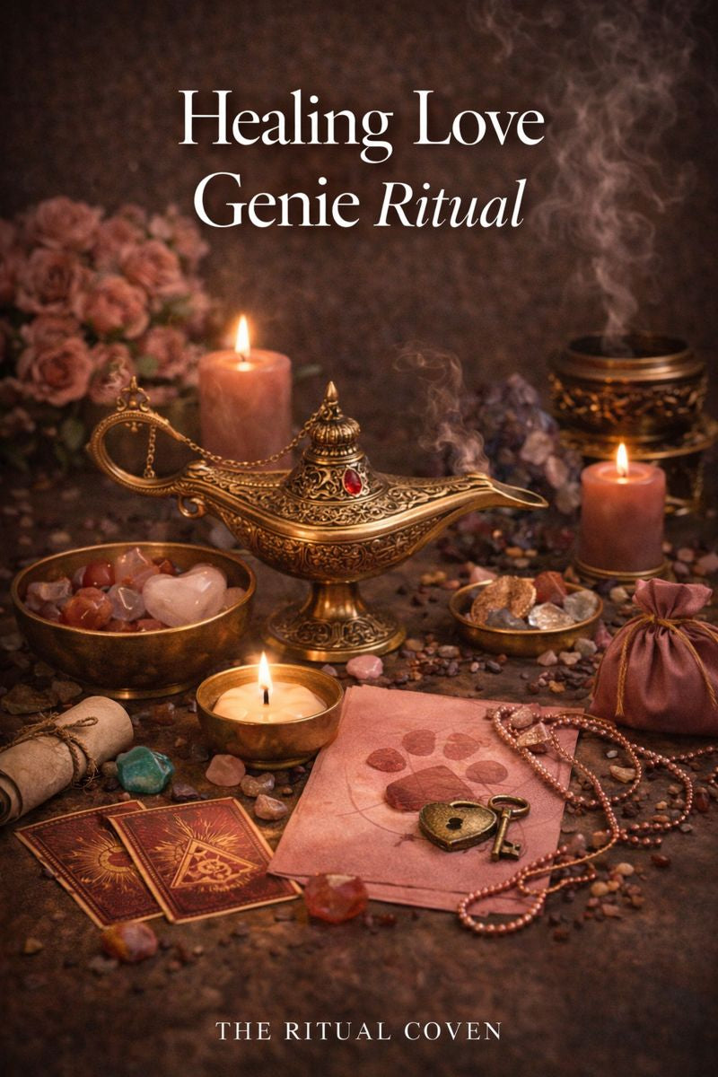 Magical setup with candles, a lamp, and crystals on a dark background, featuring 'Healing Love Genie Ritual' text.