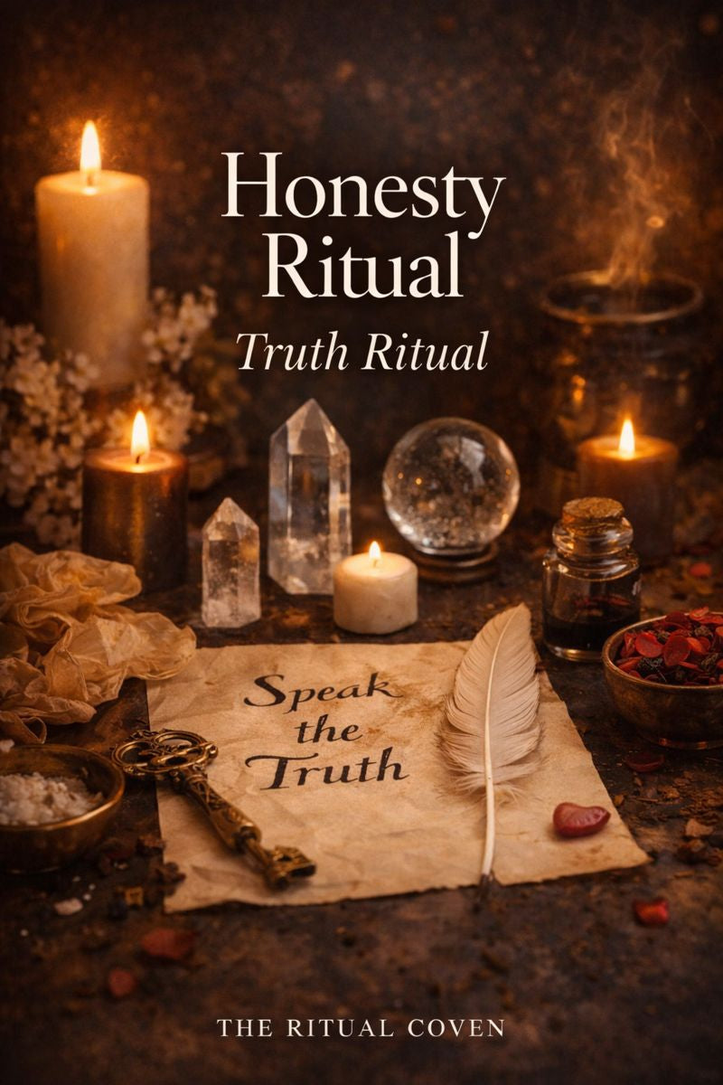 Magical setup with candles, crystals, and 'Speak the Truth' paper on a dark background. Honesty Ritual. Truth Ritual
