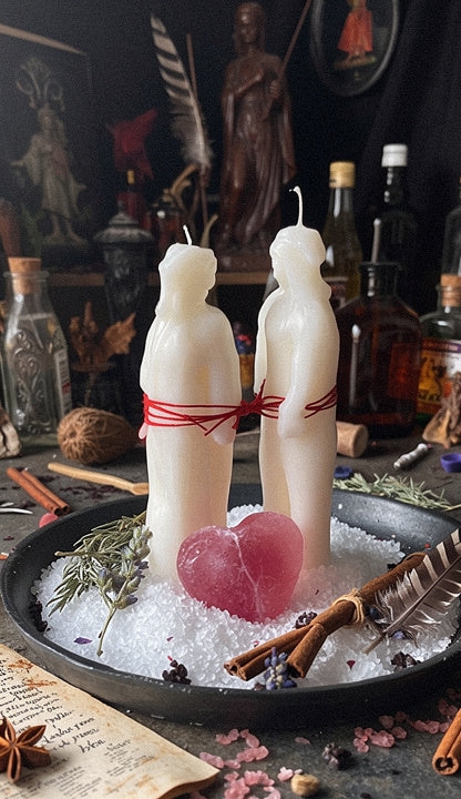 Increase Sexual Appeal Ritual altar featuring two white figure candles bound with red cord, a rose quartz heart, herbs, cinnamon sticks, and ritual tools arranged on a salt-filled tray in a dimly lit witchcraft setting