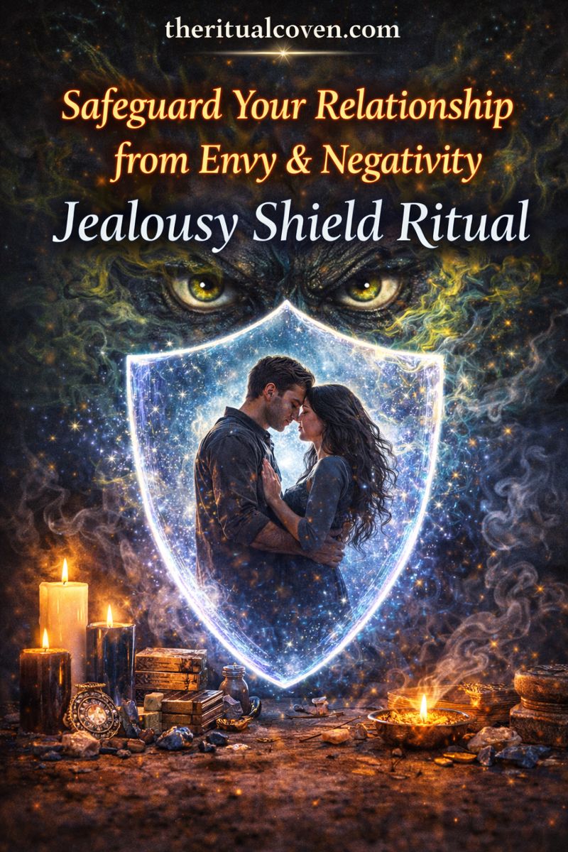 image showing a couple embraced inside a glowing protective shield, surrounded by candles, crystals, and ritual tools. Text reads “Safeguard Your Relationship from Envy & Negativity” and “Jealousy Shield Ritual.” Dark mystical background with watchful eyes symbolizing jealousy and theritualcoven.com displayed.